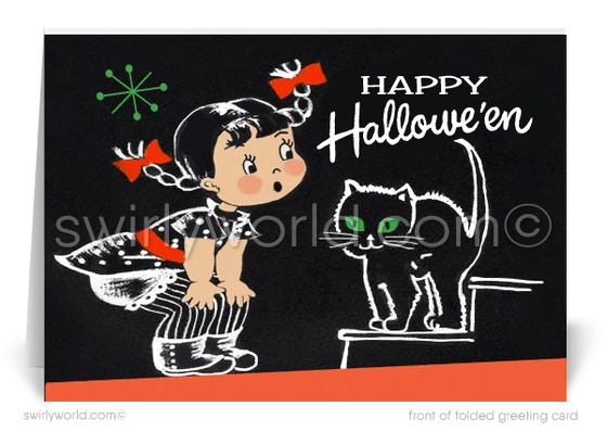 Relive the nostalgia of Halloweens past with Swirly World's retro greeting card! Featuring a spooked kitschy girl and black kitty in a classic 1940s-1950s style, this card captures vintage charm. Perfect for sharing Halloween cheer. Customizable wording and envelopes available!