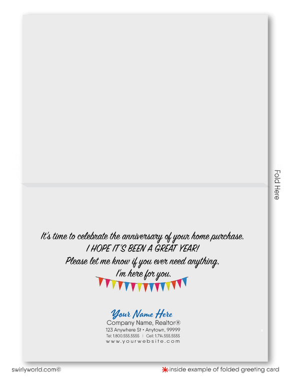 Happy home anniversary cards for Realtors real estate agent marketing. House-a-versary 
