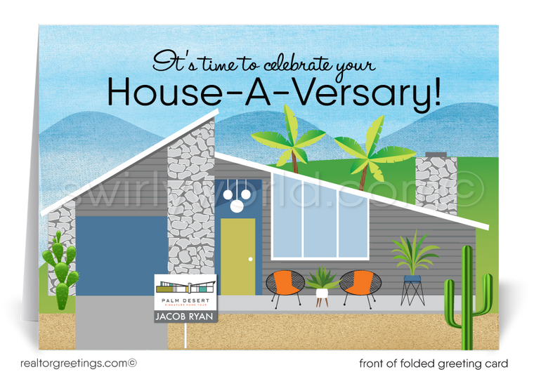 Mid-Century Modern Realtor Happy Home Anniversary Cards for Clients