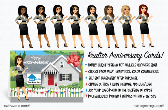 Cute realtor® standing in front of house with red bow; happy home anniversary cards marketing for Realtors®. Real estate agent marketing 