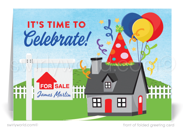 Cute house with confetti and balloons; happy home anniversary greeting card marketing for Realtors®.