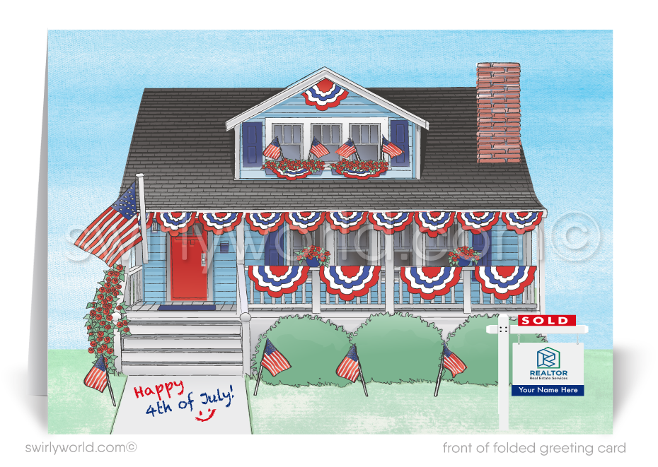 Patriotic American Home with flags celebrating Independence Day; happy 4th of July greeting card marketing for Realtors®.