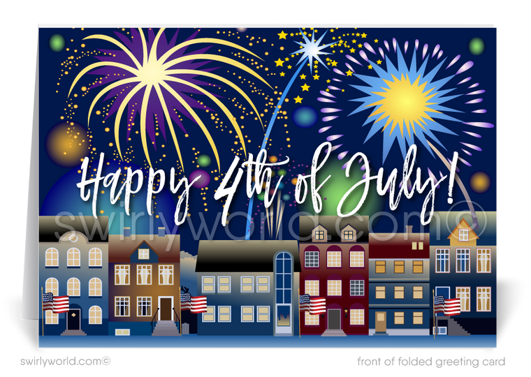 Neighborhood houses with fireworks and American flags happy 4th of July greeting card marketing for Realtors®.