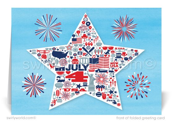 Retro Modern Patriotic American Star Mid-Century Happy 4th of July Greeting Cards