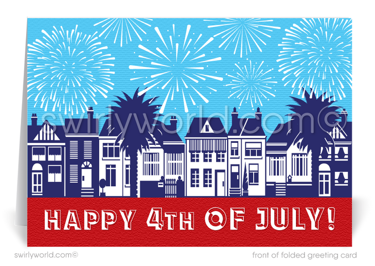 Patriotic American Neighborhood of Houses with fireworks celebrate Independence Day; happy 4th of July greeting card marketing for Realtors®.