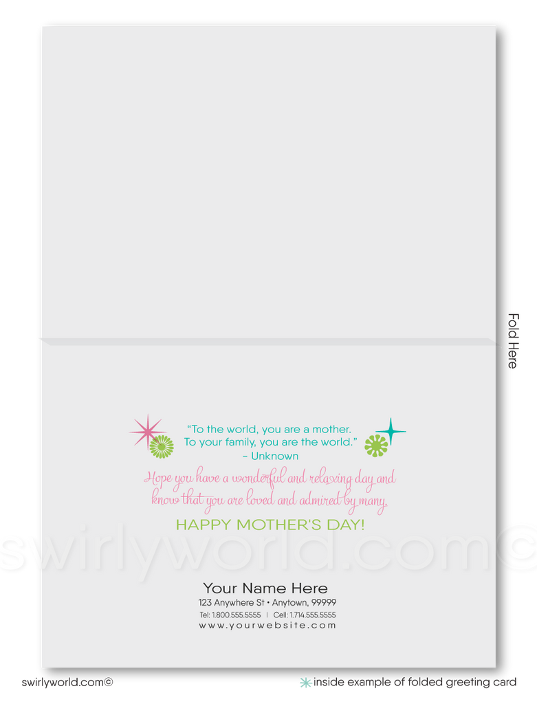 Retro Chic Floral and Starburst Happy Mother’s Day Cards with Elegant Calligraphy
