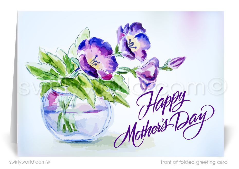 Enhance your Mother's Day with Swirly World's vintage-style cards, featuring shabby chic violet florals. Perfect for those who value deep connections, customize elegant calligraphy to make a lasting impression. Choose from sleek flatcards or classic folded cards for a personal touch that strengthens bonds.