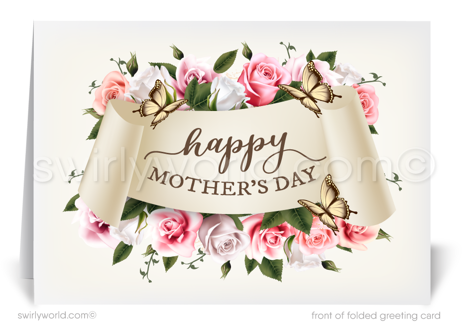 Express heartfelt gratitude with Swirly World vintage-style Mother’s Day cards featuring shabby chic banners and watercolor pink roses. Customize elegant calligraphy to make a memorable impact. Choose from sleek flatcards or traditional folded cards to enhance your thoughtful and enduring relationships.