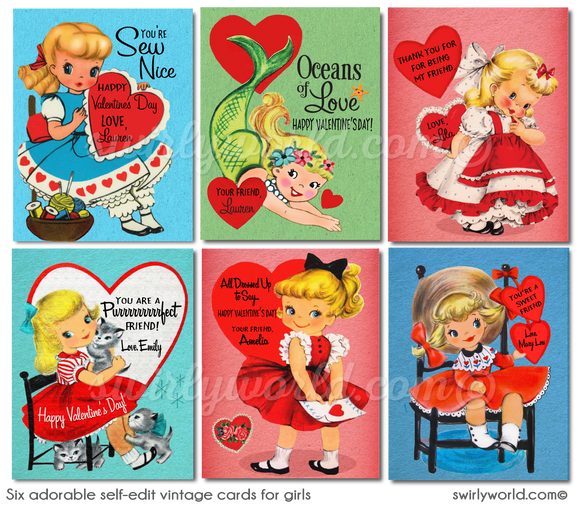 1950s vintage retro mid-century kitschy girls Valentine's day cards for digital printable download