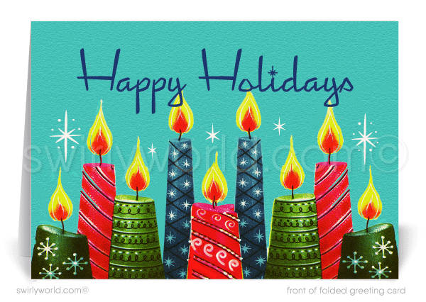Groovy 1960's style candles, featuring Eames era patterns adorned by atomic starbursts, create a uniquely retro Christmas holiday card.