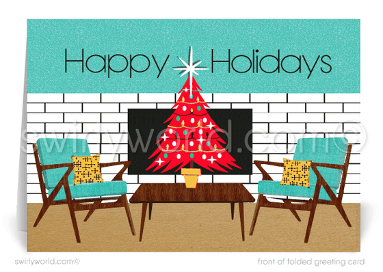 1960's Mid-Century Modern Eichler Home Interior Retro Starburst Christmas Holiday Greeting Cards. MCM home interior staging company.