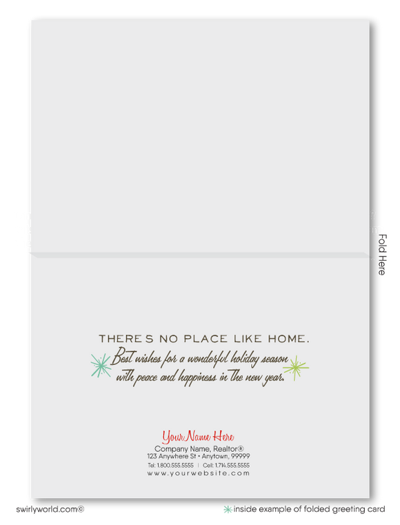 mid-century modern realtor. Retro modern unique Merry Christmas holiday greeting cards for real estate agents.