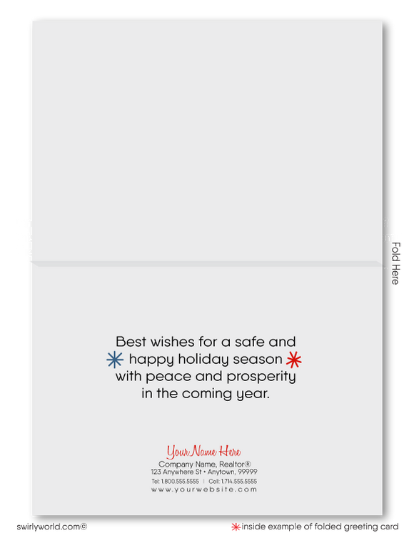 Merry Christmas happy holiday cards for clients from Realtor real estate agent holiday greeting cards. Client Christmas houses neighborhood holiday greeting cards for Realtors.