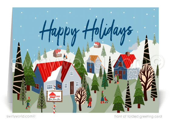 Merry Christmas happy holiday cards for clients from Realtor real estate agent holiday greeting cards. Client Christmas houses neighborhood holiday greeting cards for Realtors.