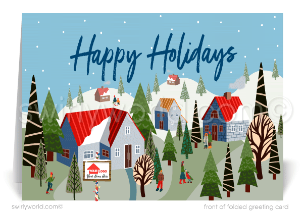 Merry Christmas happy holiday cards for clients from Realtor real estate agent holiday greeting cards. Client Christmas houses neighborhood holiday greeting cards for Realtors. 