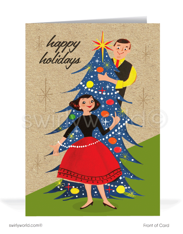 1950's style retro mid-century modern atomic married couple Christmas holiday cards.