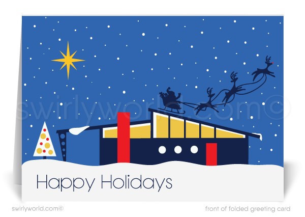  Explore our Mid-Century Modern House Retro Holiday Card—ideal for Realtors! Featuring a retro modern design showcasing iconic mid-century homes like Eichler and Palm Springs styles. Perfect for MCM enthusiasts, this card blends atomic modern and 1960s flair, ideal for house staging and festive greetings.