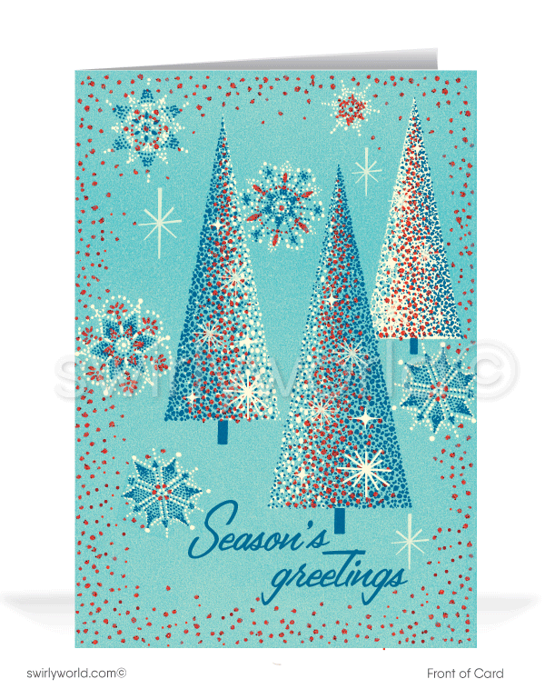 Retro atomic mid-century modern 1960's style trees vintage holiday Christmas cards.