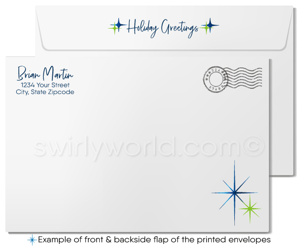 Contemporary Blue Retro Modern Tree Forest Holiday Greeting Cards