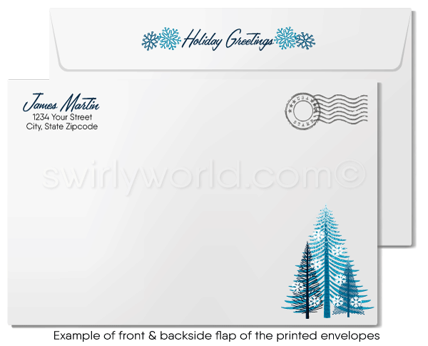 Retro Modern Blue Business Christmas Holiday Greeting Cards for Customers