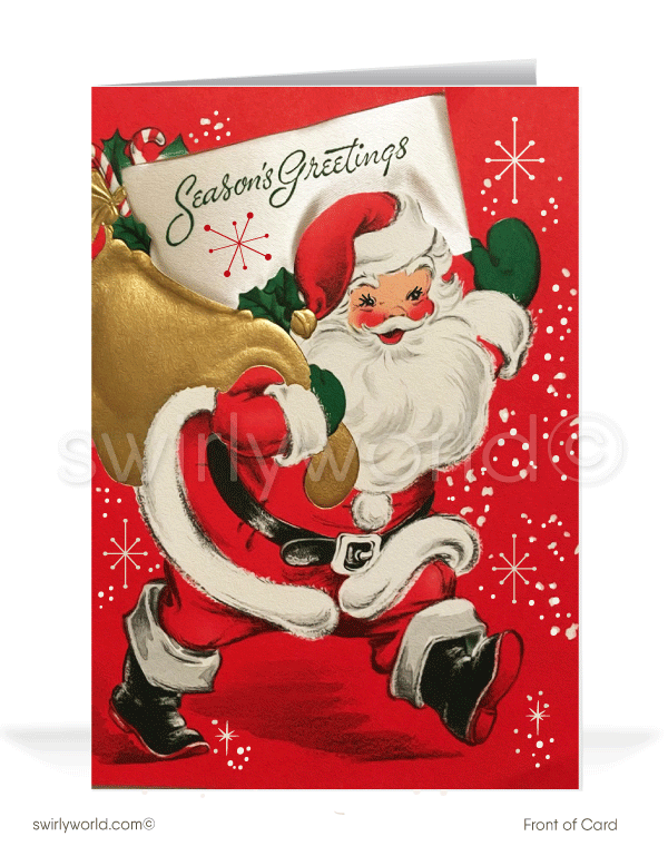 1950's mid-century vintage retro Santa Claus Merry Christmas greeting card.