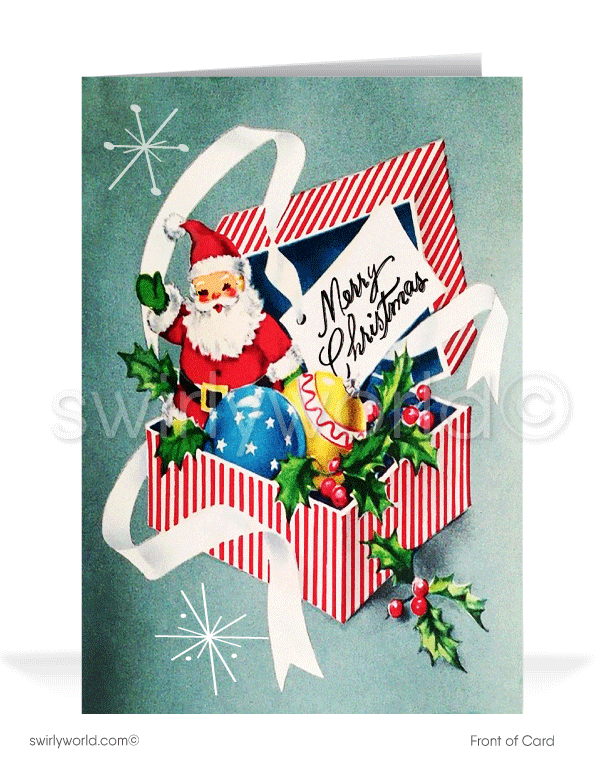 1950s retro mid-century style kitsch Santa Claus vintage Merry Christmas printed holiday cards.