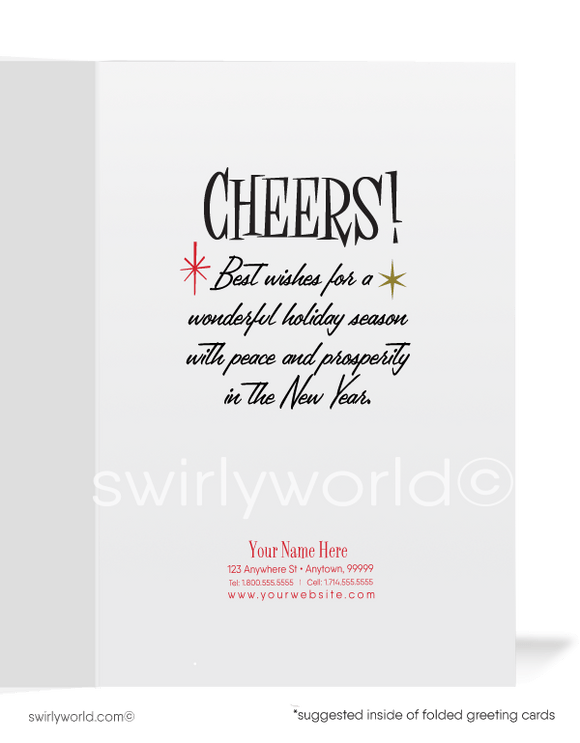 1950s Mid-Century Modern Vintage Old-Fashioned Merry Christmas Holiday Greeting Cards. Old fashioned holiday cocktail whiskey glass Christmas