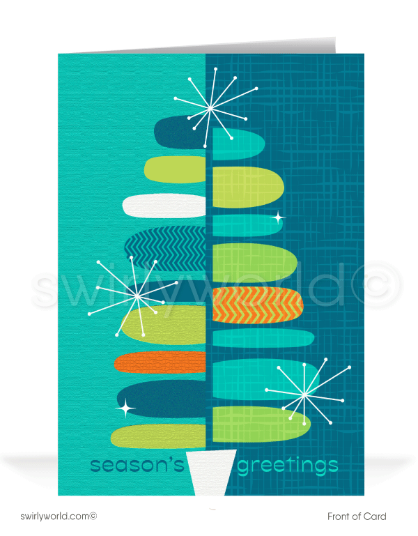 Retro atomic mod blue green mid-century modern style Christmas Tree holiday greeting cards.