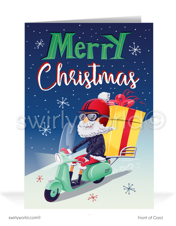 Funny Cartoon Santa Claus on Vespa Scooter Merry Christmas Holiday Cards