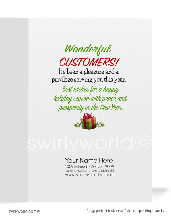 Funny Humorous Snowman and Santa Claus Merry Christmas Holiday Greeting Cards for Business Customers. Harrison Publishing Company holiday greeting cards.