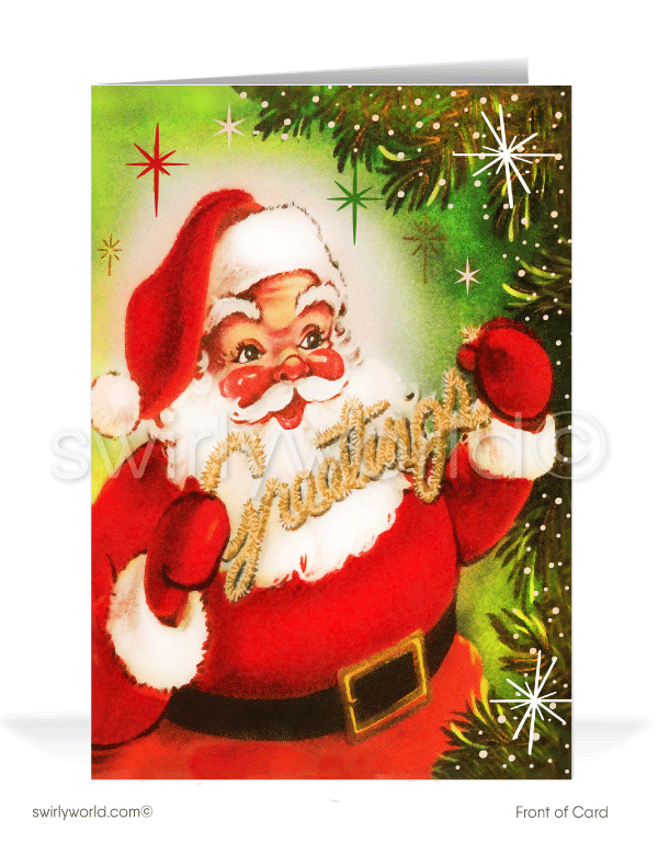 1950's retro vintage mid-century modern old fashioned Santa Claus Christmas holiday cards.