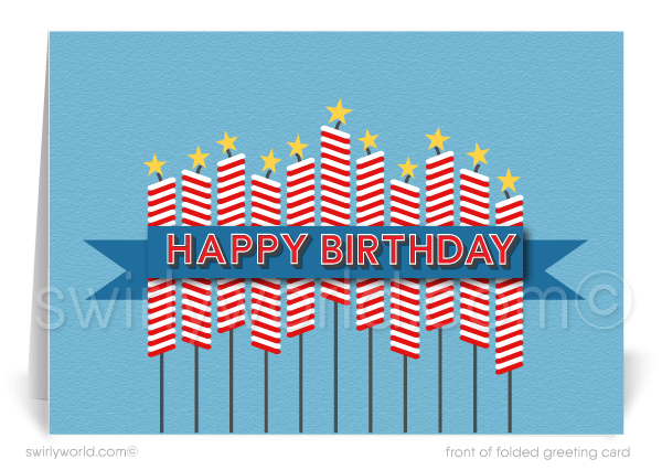 Retro Patriotic Red Blue Star American Happy Birthday Cards For Customers