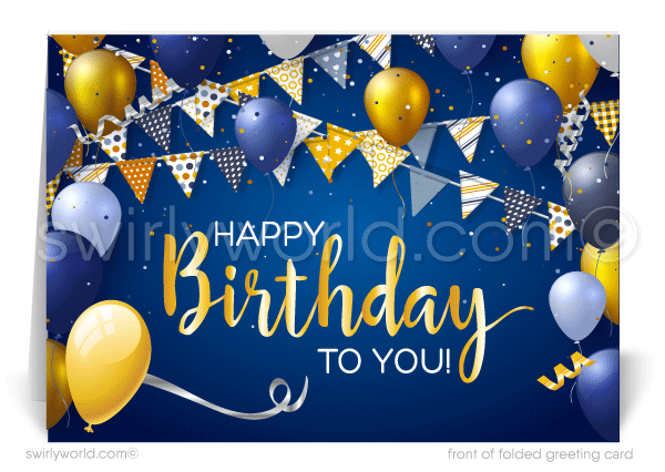 Navy Blue Yellow Gold Corporate Company Business Happy Birthday Greeting Cards.