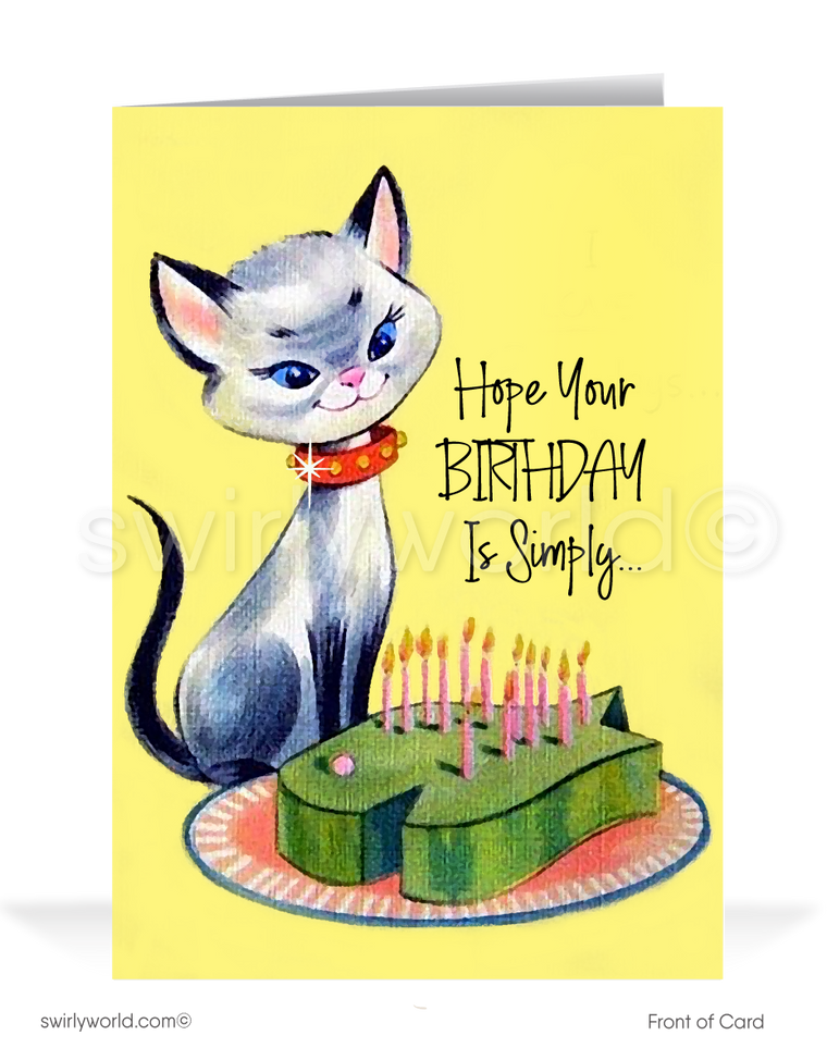 Are you looking for mid-century vintage 1950's style Happy Birthday cards? Retro Modern 1950's Happy Birthday Cards This vintage Happy Birthday card is perfect if you love retro design. Mid-century modern birthday cards. Harrison Greetings has vintage Happy Birthday cards. 1960's Atomic Mod Kitty Happy Birthday Card