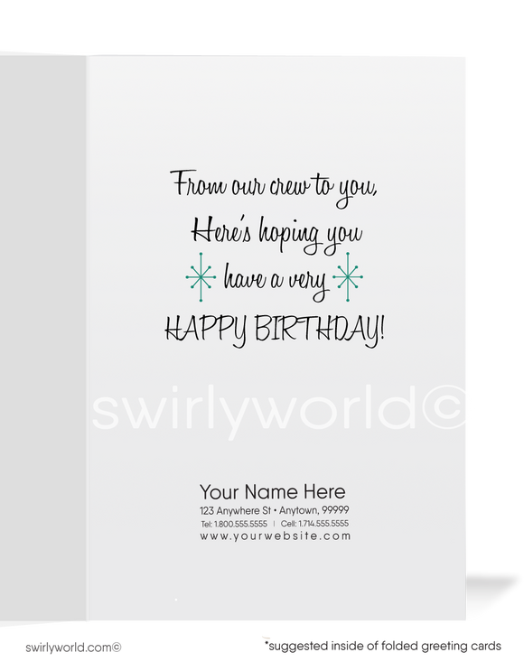 Are you looking for mid-century vintage 1950's style Happy Birthday cards? 1950's style vintage retro mid-century happy birthday cards. This vintage Happy Birthday card is perfect if you love retro design. Mid-century modern birthday cards. Swirly World wholesale printed vintage Happy Birthday cards. Vintage Birthday