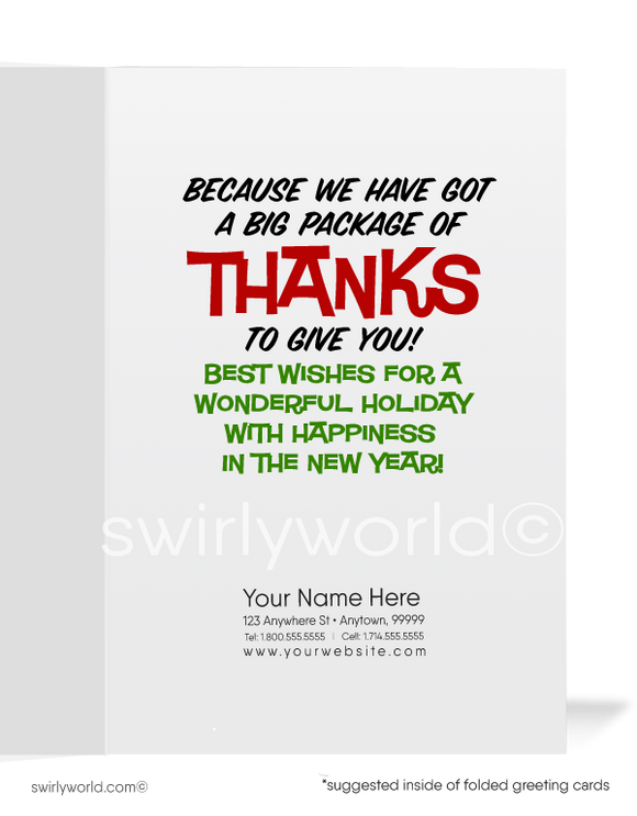 Funny Humorous Santa Claus Merry Christmas Holiday Greeting Cards for Business Customers. Company Christmas holiday cards.