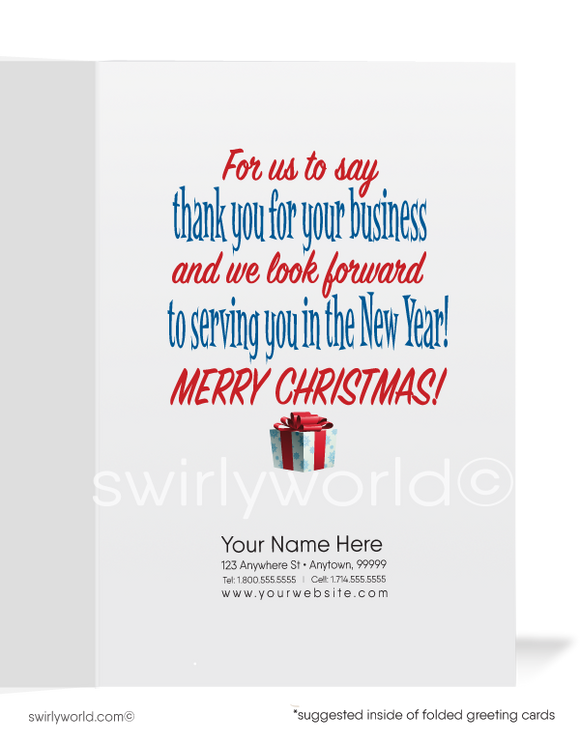 Funny Humorous Santa Claus From the Office Merry Christmas Holiday Greeting Cards for Business Customers. Harrison Greetings Merry Christmas cards for business. Old fashioned santa claus