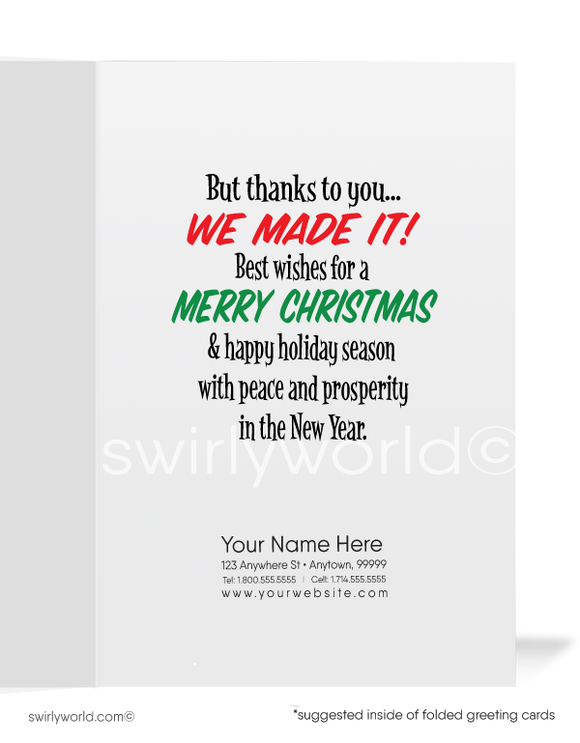 Printed Funny Beat Up Tough Year Santa Claus Merry Christmas Holiday Greeting Cards. Harrison Publishing Company merry christmas customer cards. Harrison Greeting cards.