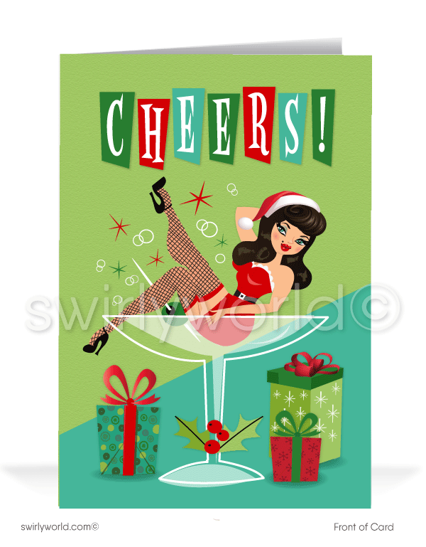 Rockabilly Retro Pin-up Girl Merry Christmas Company Holiday Greeting Cards for Realtor Woman in Business. Cheers for the New Year! Ms Santa Claus pinup in Martini Glass