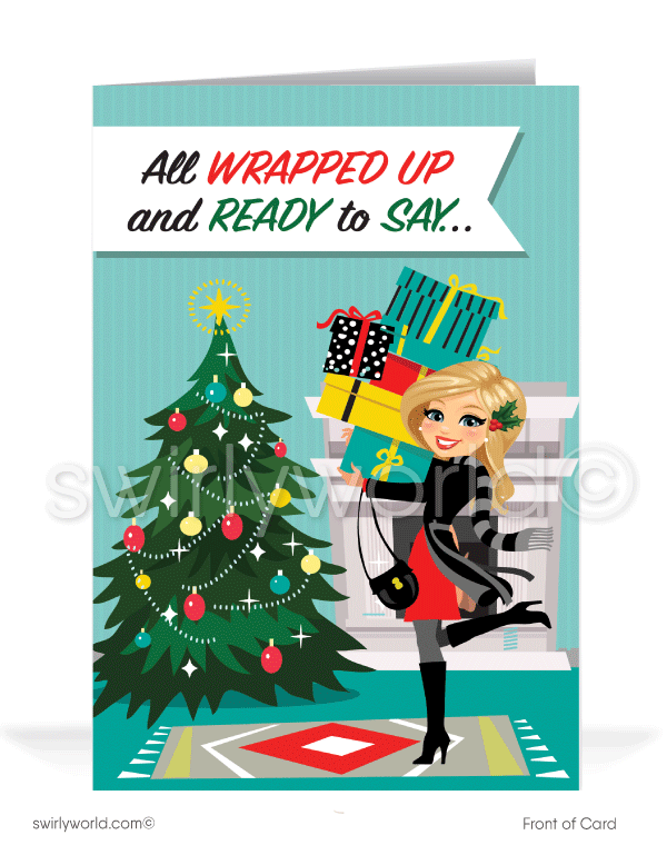 Cute Girl Merry Christmas Company Holiday Greeting Cards for Realtor Woman in Business. Wrapped up and ready to say...