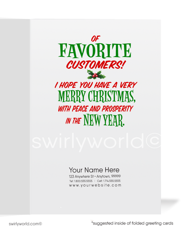 Funny Humorous Santa Claus with List Merry Christmas Holiday Greeting Cards for Business Customers. Harrison Publishing Company. 