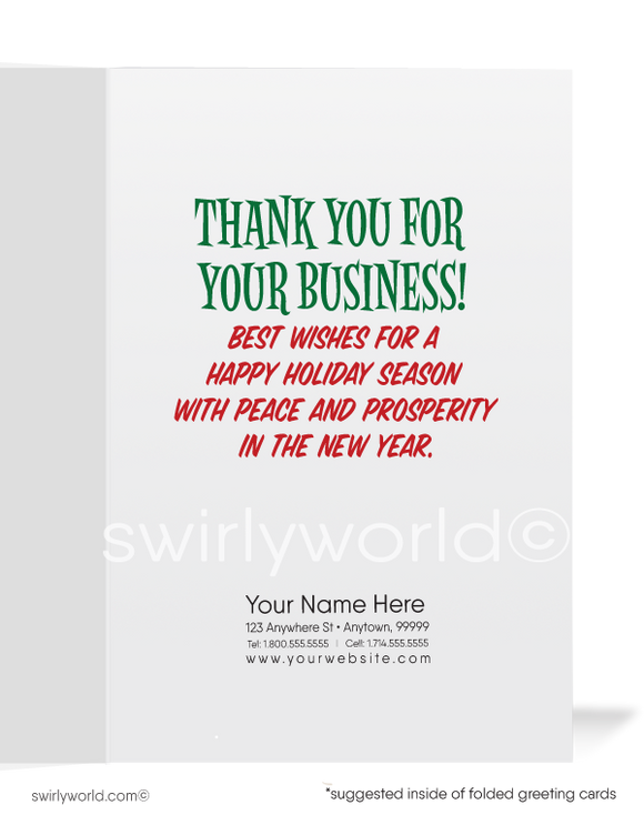 Funny Humorous Santa Claus Shouting from Chimney Merry Christmas Holiday Greeting Cards for Business Customers. Harrison Greetings Christmas cards for business.