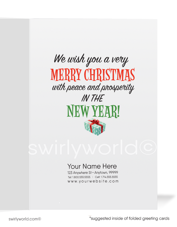 Funny Humorous Sledding Santa Claus Merry Christmas Company Holiday Greeting Cards for Business Customers.
