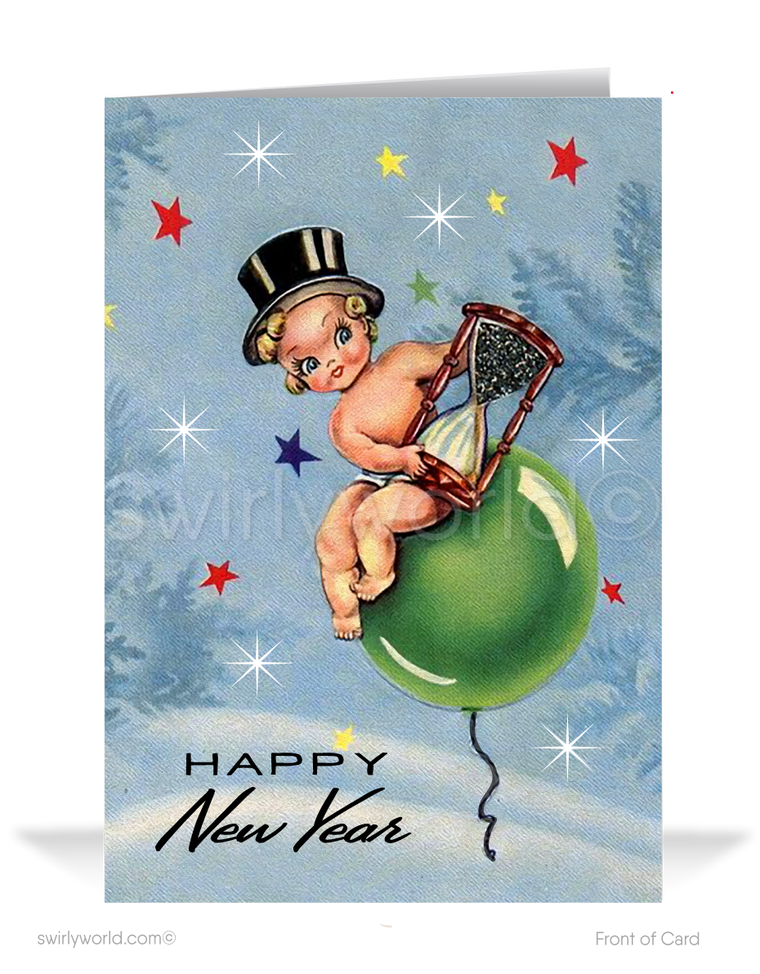 In this charming illustration, the endearing 'Baby New Year,' adorned in a dapper black top hat, sits atop a festive balloon. With an hourglass in hand, Baby New Year gazes up at the night sky filled with twinkling stars and joyful starbursts, setting the stage for a fresh beginning.