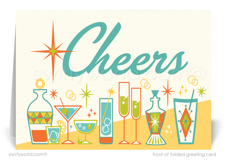 Atomic Mid-Century Retro Modern Cheers Cocktails Happy New Year Cards