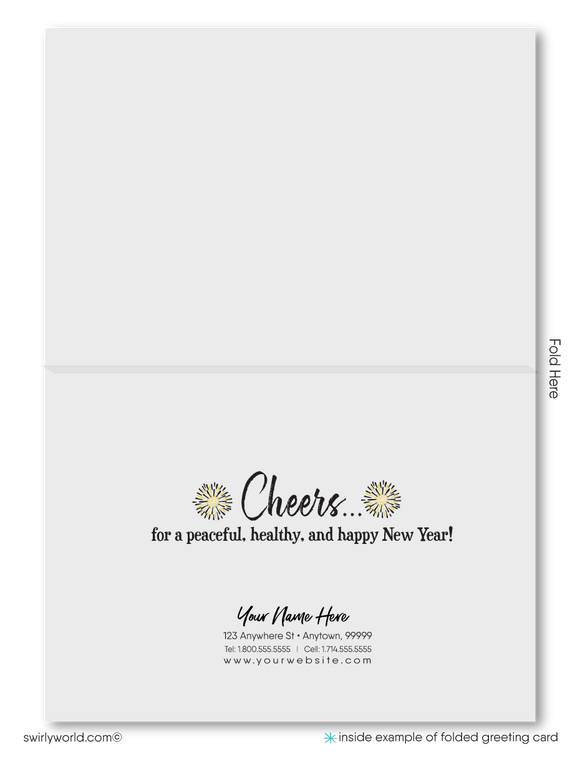 Elegant black and gold fireworks starbursts happy New Year holiday cards for business.