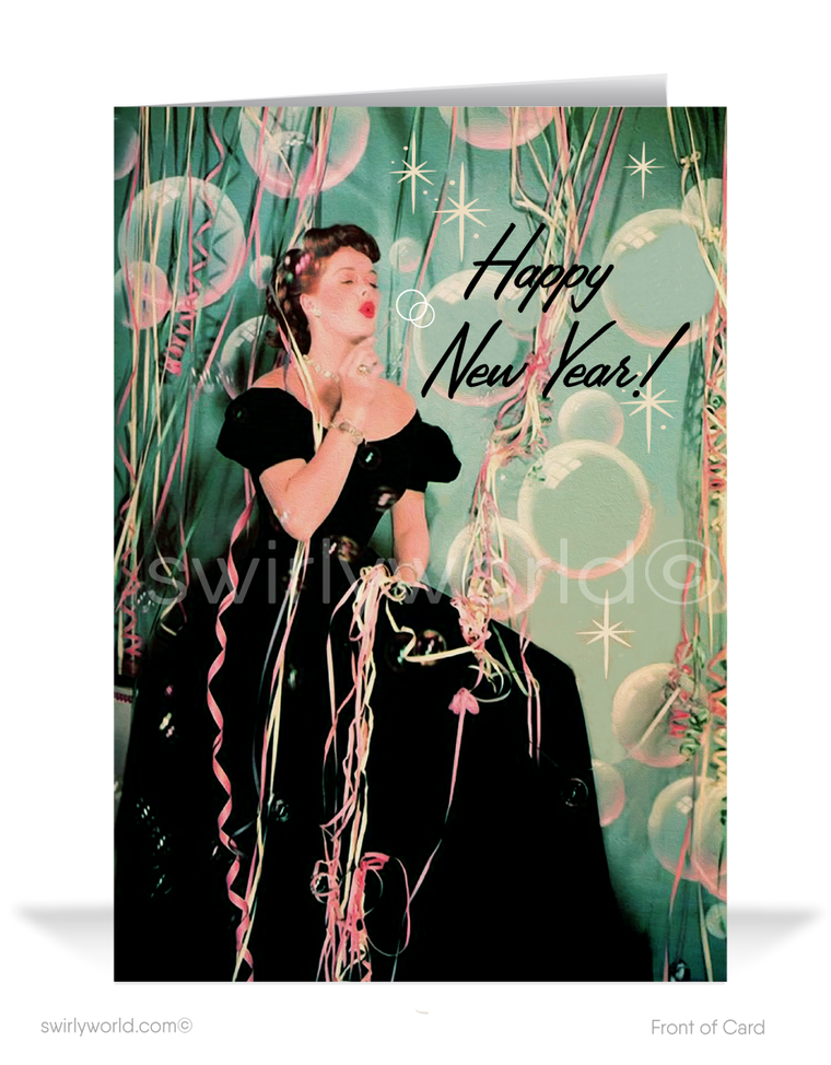 In this captivating illustration, a beautiful woman, dressed in formal attire, graces the scene as she joyfully blows bubbles in hues of pinks and blues. A cascade of streamers in the same gorgeous colors adds to the festive atmosphere, while starbursts fill the background with a touch of timeless glamour.