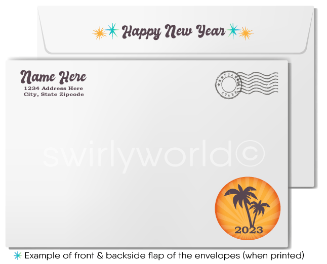 2024 Retro Vintage Beach Theme Happy New Year Greeting Card Design