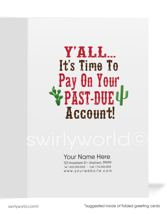 Funny Cowboy Stop Bucking Around and Pay Your Past-Due Invoice. Bill Collection greeting cards for business.