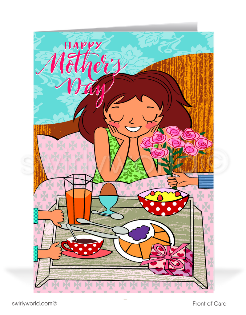 Surprise moms with Swirly World's delightful cartoon-style Mother’s Day cards, featuring a mom treated to breakfast in bed. Perfect for businesses and individuals, customize to create a heartfelt impact. Choose modern flatcards or classic folded cards to enhance your thoughtful gestures and strengthen bonds